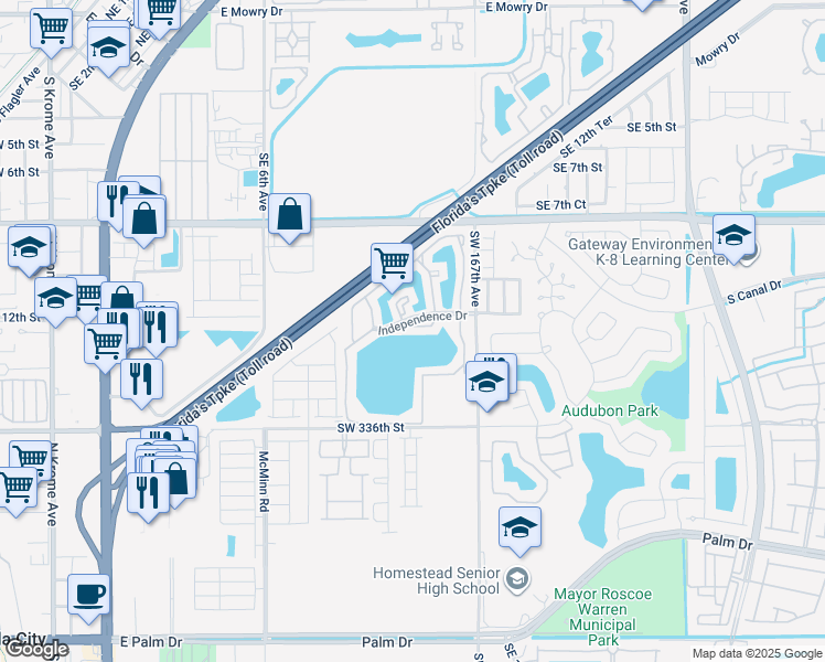 map of restaurants, bars, coffee shops, grocery stores, and more near 1051 Jefferson Drive in Homestead