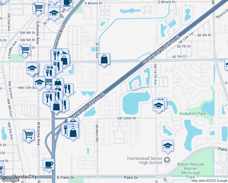 map of restaurants, bars, coffee shops, grocery stores, and more near 1339 Southeast 7th Terrace in Homestead