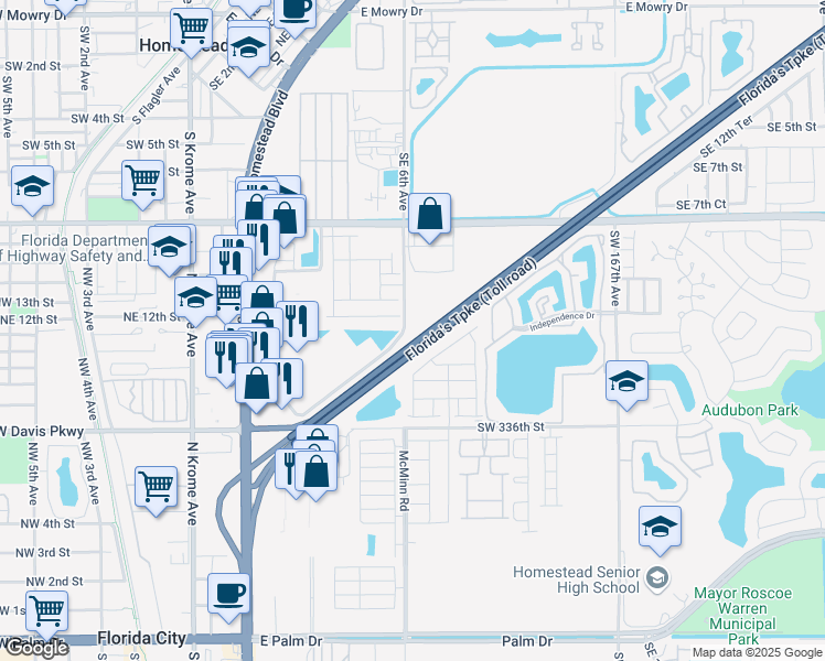 map of restaurants, bars, coffee shops, grocery stores, and more near 12 Southeast 6th Avenue in Homestead