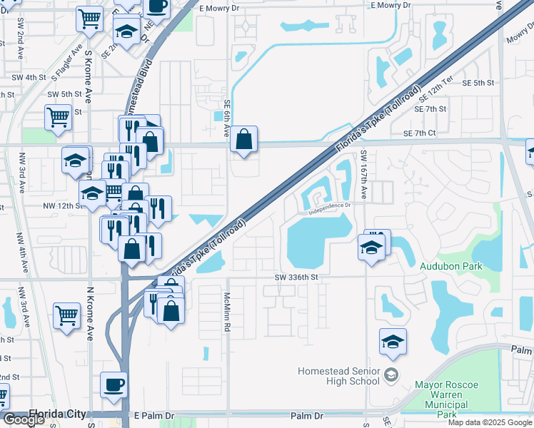 map of restaurants, bars, coffee shops, grocery stores, and more near 1339 Southeast 7th Terrace in Homestead