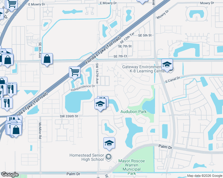 map of restaurants, bars, coffee shops, grocery stores, and more near 1194 Nighthawk Court in Homestead