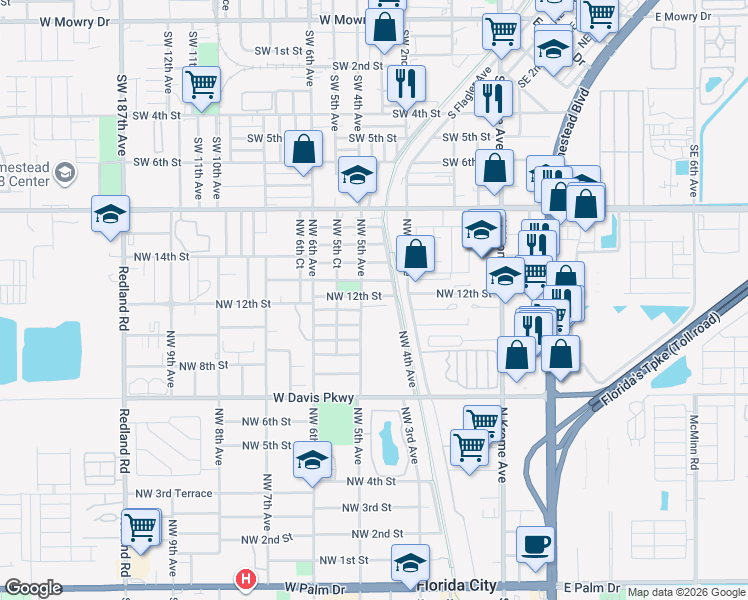 map of restaurants, bars, coffee shops, grocery stores, and more near 441 Northwest 12th Street in Florida City