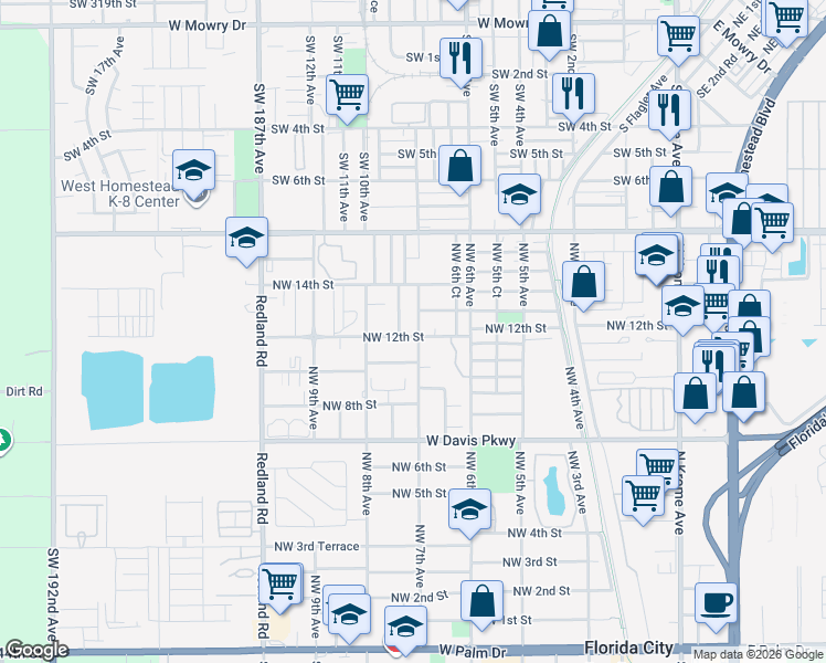 map of restaurants, bars, coffee shops, grocery stores, and more near 675 Northwest 13th Street in Florida City
