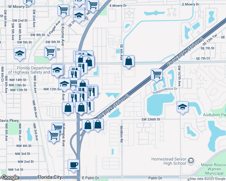 map of restaurants, bars, coffee shops, grocery stores, and more near 12 Southeast 6th Avenue in Homestead