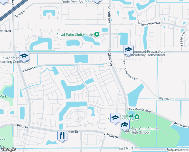 map of restaurants, bars, coffee shops, grocery stores, and more near 1273 Southeast 26th Avenue in Homestead