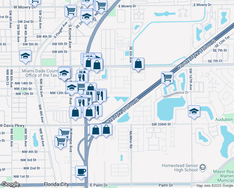 map of restaurants, bars, coffee shops, grocery stores, and more near 12 Southeast 6th Avenue in Homestead