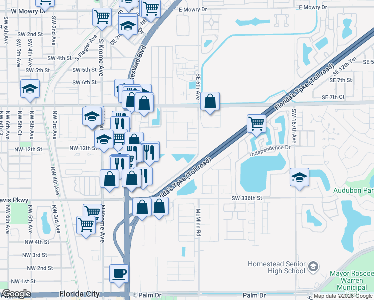 map of restaurants, bars, coffee shops, grocery stores, and more near 12 Southeast 6th Avenue in Homestead
