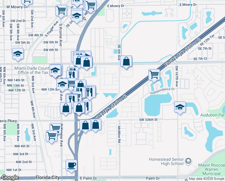map of restaurants, bars, coffee shops, grocery stores, and more near 12 Southeast 6th Avenue in Homestead
