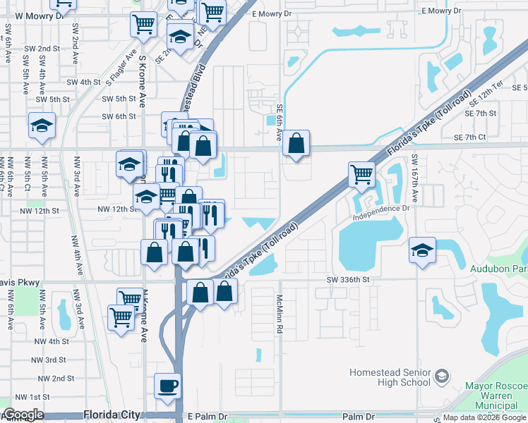 map of restaurants, bars, coffee shops, grocery stores, and more near 12 Southeast 6th Avenue in Homestead