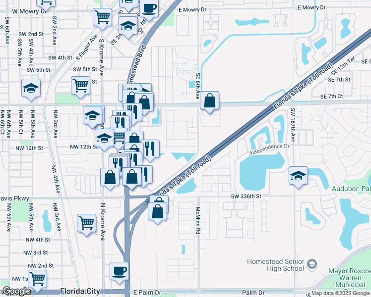 map of restaurants, bars, coffee shops, grocery stores, and more near 12 Southeast 6th Avenue in Homestead
