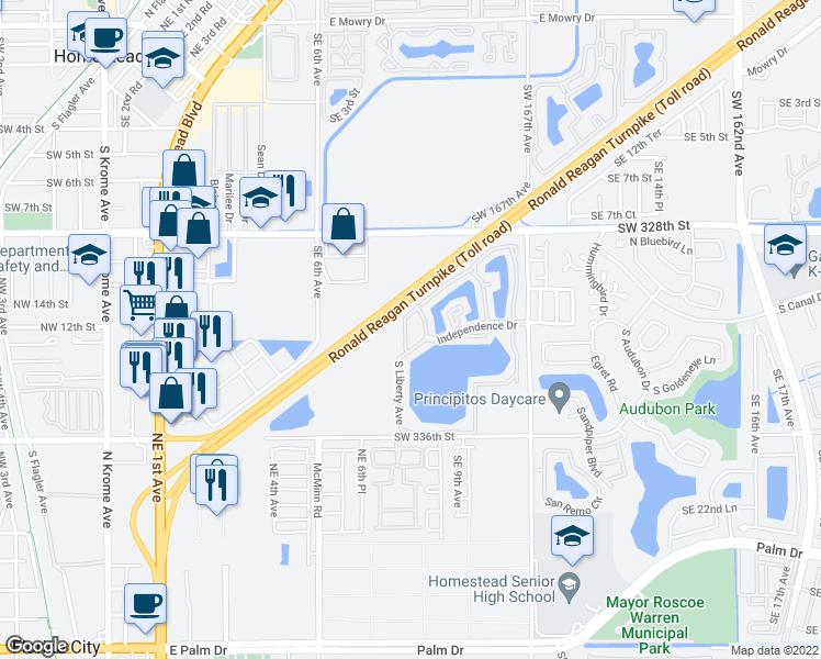 map of restaurants, bars, coffee shops, grocery stores, and more near 1151 Independence Trail in Homestead