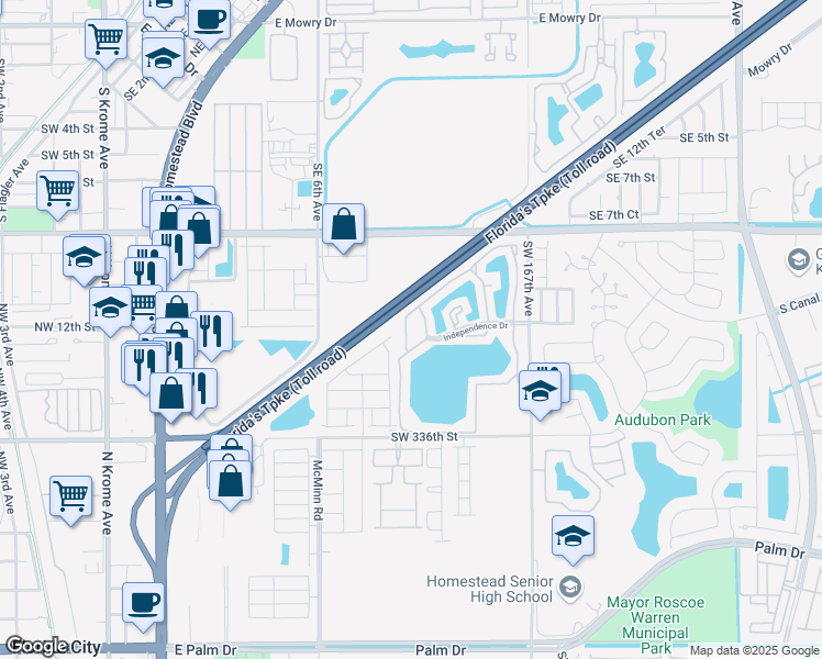 map of restaurants, bars, coffee shops, grocery stores, and more near 1151 Independence Trail in Homestead