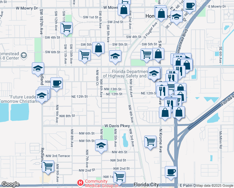 map of restaurants, bars, coffee shops, grocery stores, and more near 425 Northwest 13th Street in Florida City