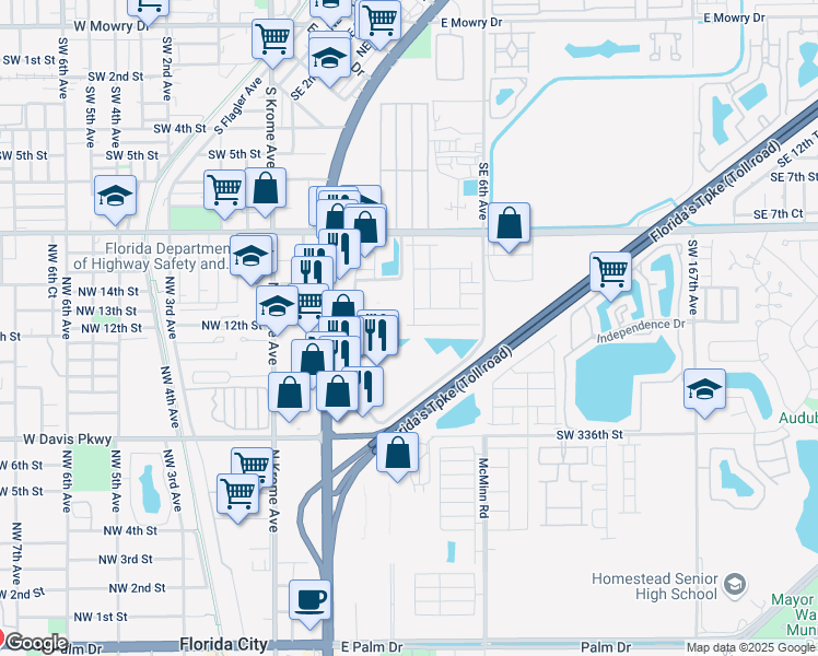 map of restaurants, bars, coffee shops, grocery stores, and more near 250 Northeast 12th Street in Florida City