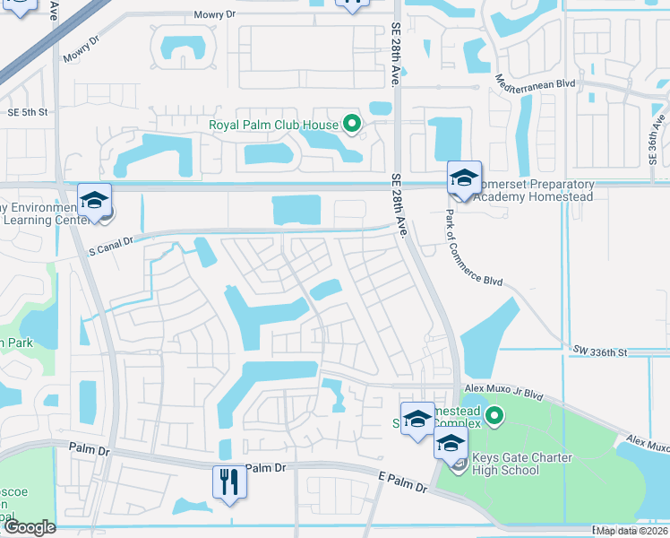 map of restaurants, bars, coffee shops, grocery stores, and more near 1273 Southeast 26th Avenue in Homestead
