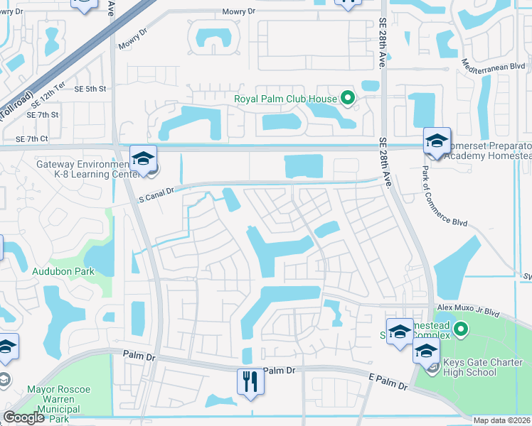 map of restaurants, bars, coffee shops, grocery stores, and more near 2344 Southeast 11th Street in Homestead