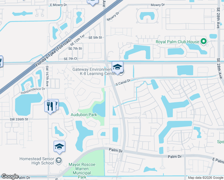 map of restaurants, bars, coffee shops, grocery stores, and more near in Homestead