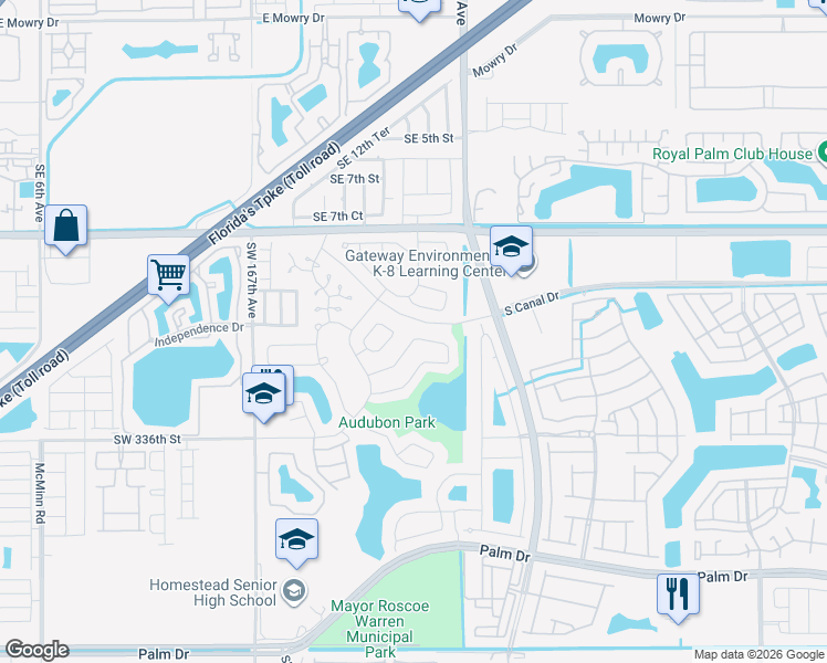 map of restaurants, bars, coffee shops, grocery stores, and more near 1700 South Curlew Lane in Homestead
