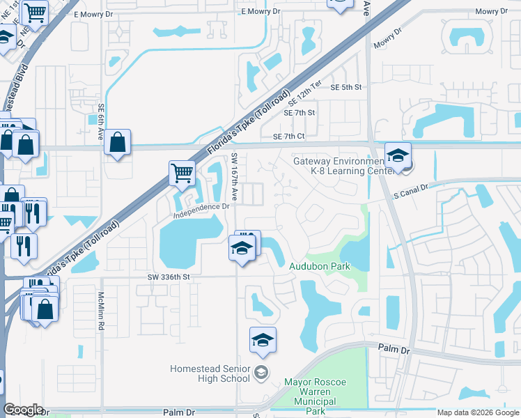 map of restaurants, bars, coffee shops, grocery stores, and more near 1194 Nighthawk Court in Homestead