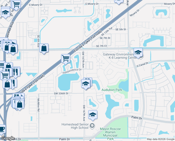 map of restaurants, bars, coffee shops, grocery stores, and more near 1133 Southeast 12th Terrace in Homestead