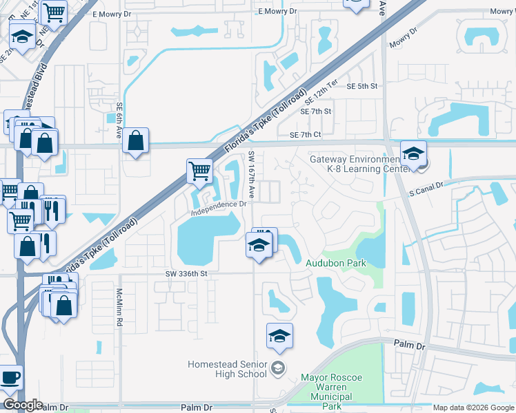 map of restaurants, bars, coffee shops, grocery stores, and more near 1133 Southeast 12th Terrace in Homestead