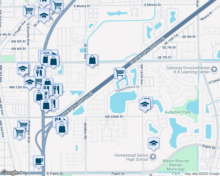 map of restaurants, bars, coffee shops, grocery stores, and more near 1151 Independence Trail in Homestead