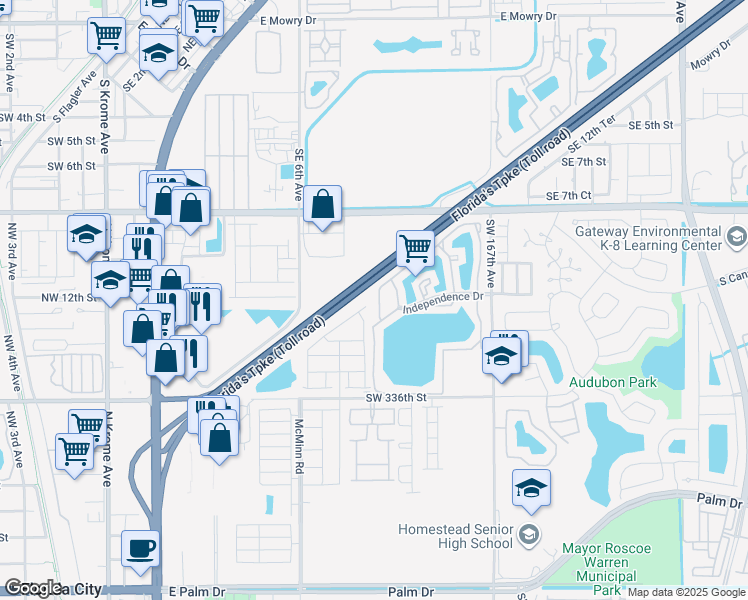 map of restaurants, bars, coffee shops, grocery stores, and more near 1151 Independence Trail in Homestead