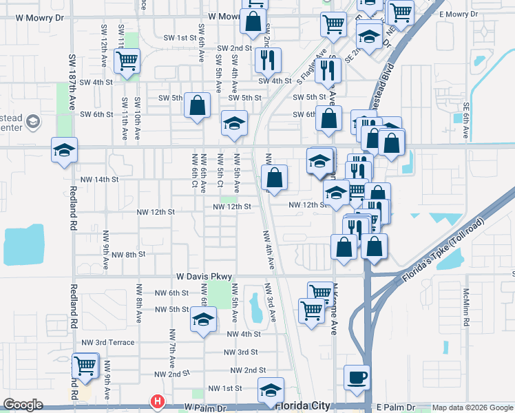 map of restaurants, bars, coffee shops, grocery stores, and more near 425 Northwest 13th Street in Florida City