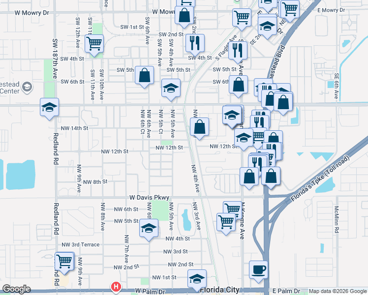 map of restaurants, bars, coffee shops, grocery stores, and more near 425 Northwest 13th Street in Florida City