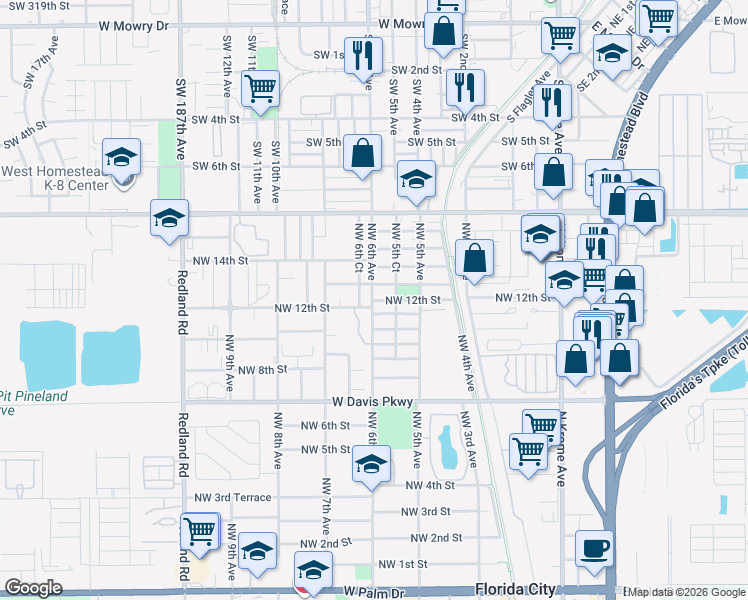 map of restaurants, bars, coffee shops, grocery stores, and more near 1234 Northwest 6th Avenue in Florida City