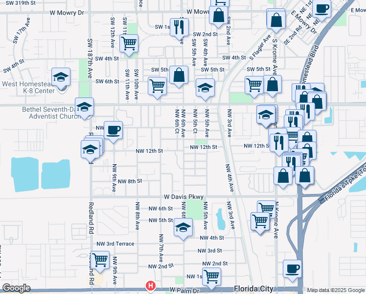 map of restaurants, bars, coffee shops, grocery stores, and more near 1234 Northwest 6th Avenue in Florida City