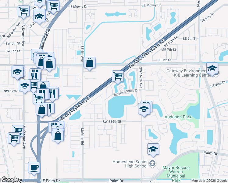 map of restaurants, bars, coffee shops, grocery stores, and more near 1149 Independence Trail in Homestead
