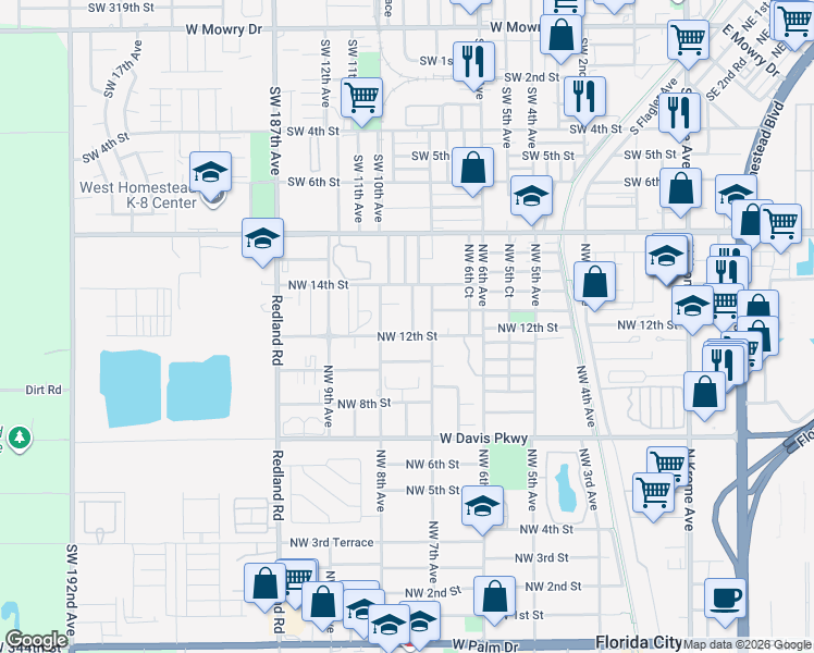 map of restaurants, bars, coffee shops, grocery stores, and more near 1235 Northwest 7th Court in Homestead