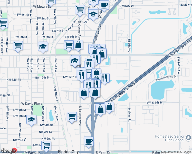 map of restaurants, bars, coffee shops, grocery stores, and more near 1223 Northeast 1st Avenue in Florida City
