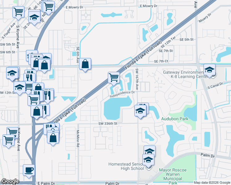 map of restaurants, bars, coffee shops, grocery stores, and more near 1149 Independence Trail in Homestead