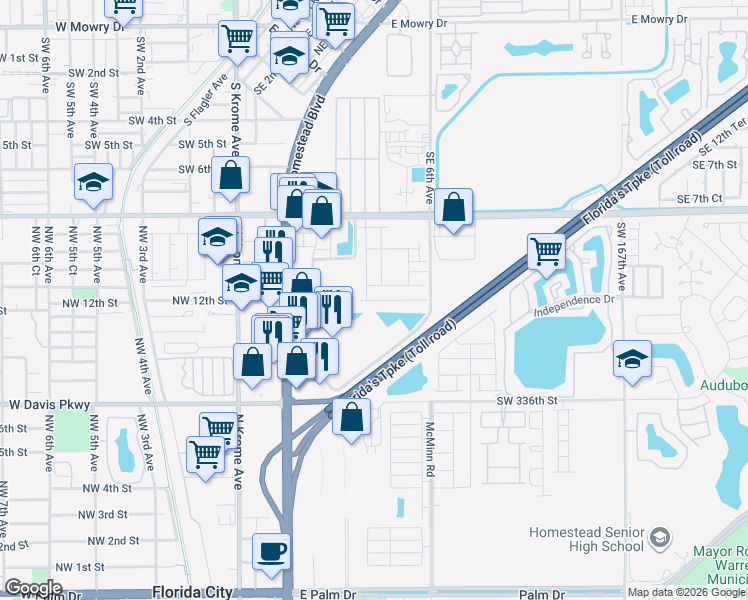 map of restaurants, bars, coffee shops, grocery stores, and more near 33001 South Dixie Highway in Florida City