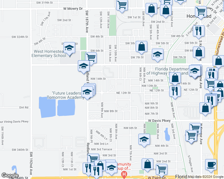 map of restaurants, bars, coffee shops, grocery stores, and more near 1232 Northwest 8th Avenue in Florida City