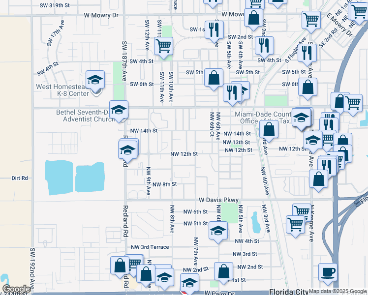 map of restaurants, bars, coffee shops, grocery stores, and more near 1225 Northwest 7th Court in Florida City