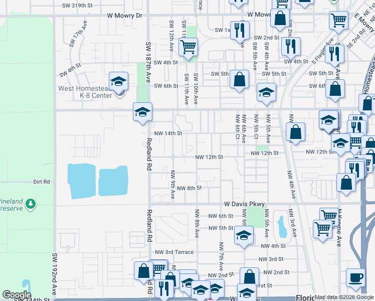 map of restaurants, bars, coffee shops, grocery stores, and more near 1232 Northwest 8th Avenue in Florida City