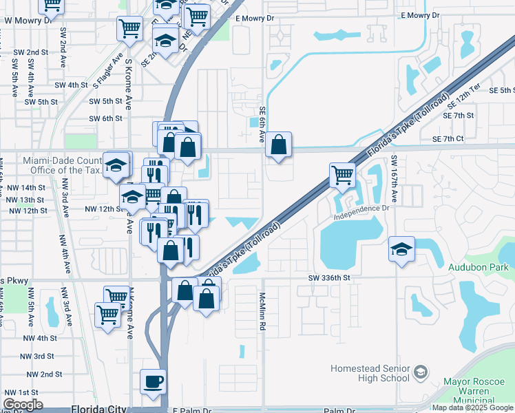 map of restaurants, bars, coffee shops, grocery stores, and more near 12 Southeast 6th Avenue in Homestead