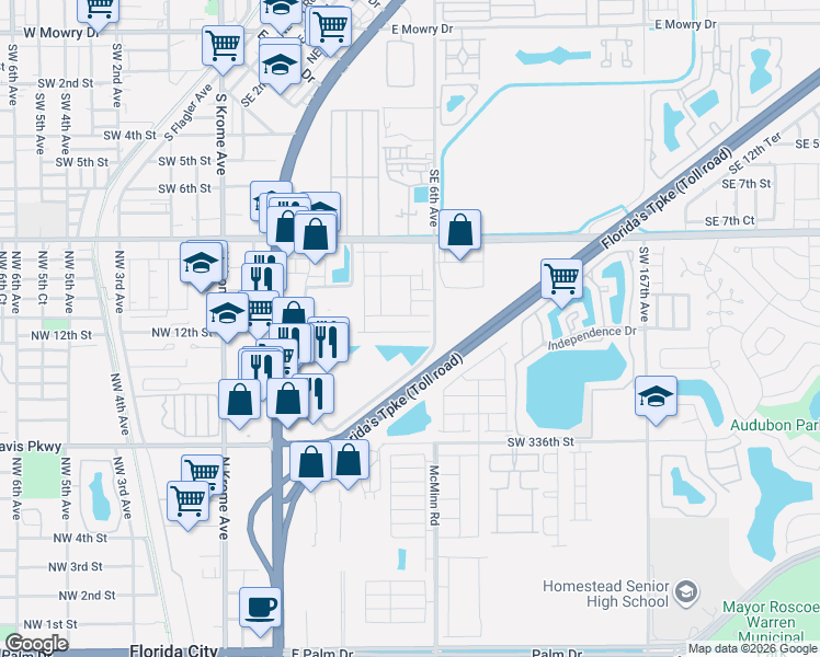 map of restaurants, bars, coffee shops, grocery stores, and more near 12 Southeast 6th Avenue in Homestead