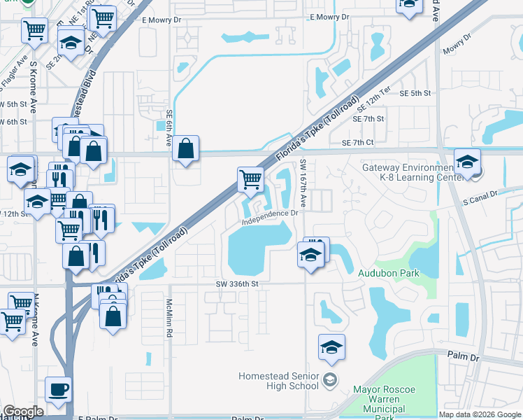map of restaurants, bars, coffee shops, grocery stores, and more near 1190 Washington Circle in Homestead