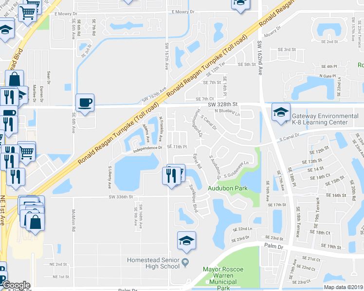 map of restaurants, bars, coffee shops, grocery stores, and more near 1139 Southeast 13th Avenue in Homestead