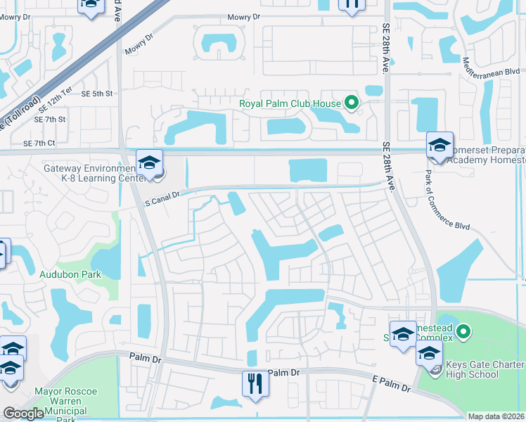 map of restaurants, bars, coffee shops, grocery stores, and more near 2344 Southeast 11th Street in Homestead