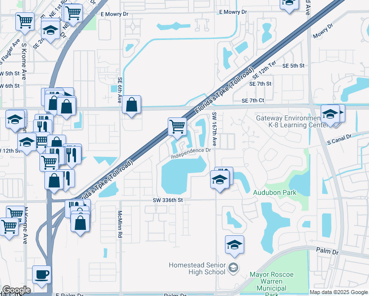 map of restaurants, bars, coffee shops, grocery stores, and more near 1190 Washington Circle in Homestead