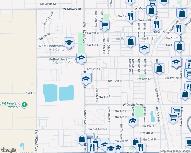 map of restaurants, bars, coffee shops, grocery stores, and more near 1231 Northwest 9th Avenue in Homestead