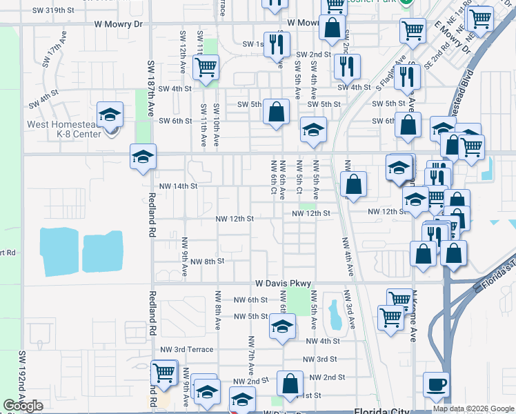 map of restaurants, bars, coffee shops, grocery stores, and more near 675 Northwest 13th Street in Florida City