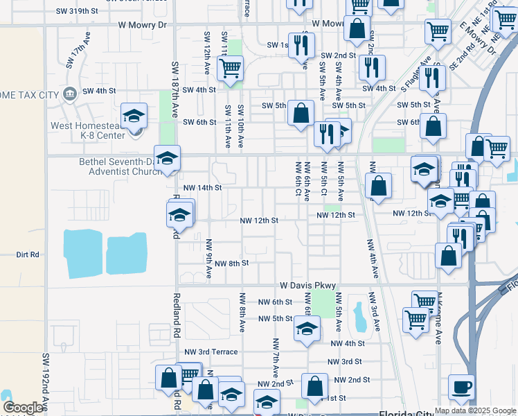 map of restaurants, bars, coffee shops, grocery stores, and more near 1235 Northwest 7th Court in Homestead
