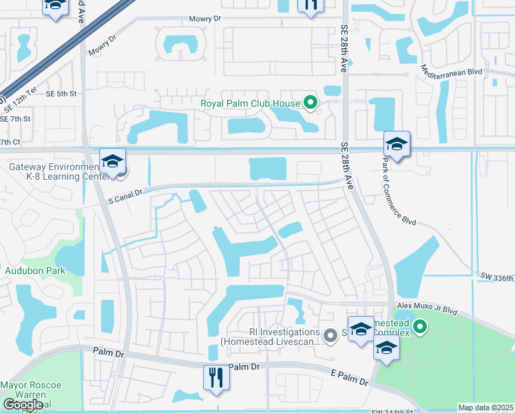map of restaurants, bars, coffee shops, grocery stores, and more near 2473 Southeast 11th Street in Homestead