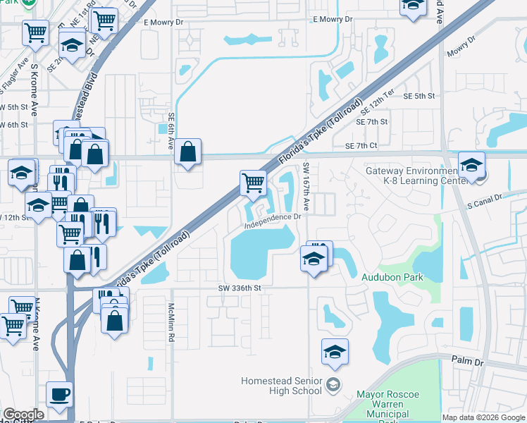 map of restaurants, bars, coffee shops, grocery stores, and more near 1190 Washington Circle in Homestead